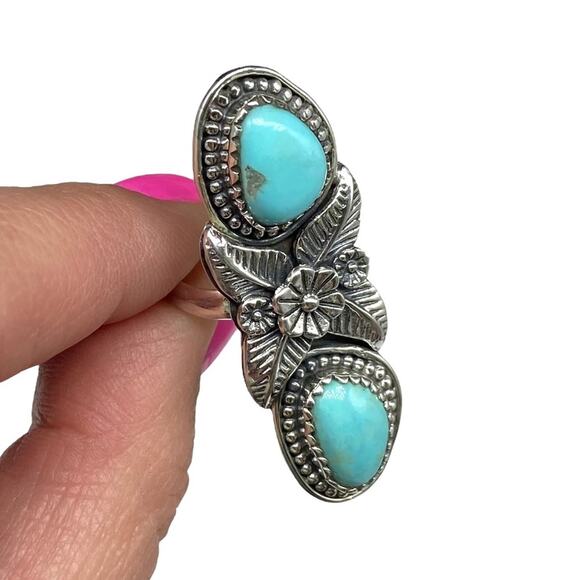 Campitos Turquoise Ring Size 6.5 Solid Sterling Silver 925 Natural Stone Flower - Picture 5 of 10